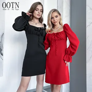 OOTN Fashion Lantern Sleeve Sexy Mini Dresses 2023 Women Autumn High Waist Ruched Party Dresses Elegant Party Dress