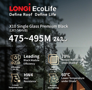 Panneaux solaires monocristallins Longi EcoLife X10 LR7-54HVB 475~495M à verre simple, noir premium HPBC 2.0, pour usage commercial et résidentiel, 480W 490W - Product Image 2