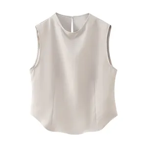 Crew neck solid color sleeveless back hollow out casual fashion tops shirts blouse for women