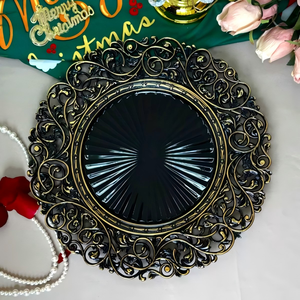 Nuevos Platos Decorativos Redondos de Plástico de 13 Pulgadas con Diseño de Flores Doradas y Plateadas <span class=keywords><strong>para</strong></span> Decoración de Mesa de Boda y Fiestas, Estilo Europeo - Product Image 6