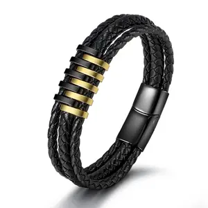 Magnetische Knop Rvs Lederen Gevlochten Armband Voor Mannen Hoge Kwaliteit Nieuw Design Meerlagig Touw Armband