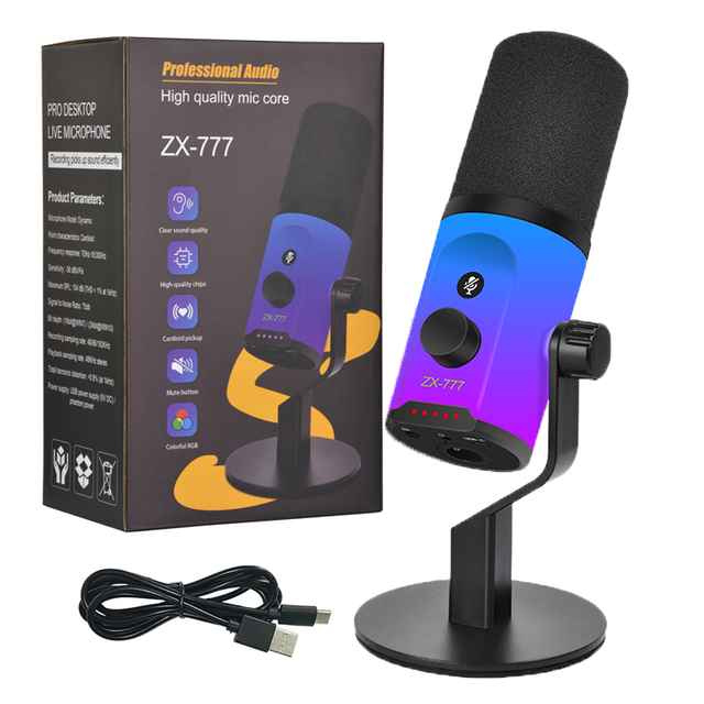Professional RGB Light Live Singing Recording XLR Dynamic Mic Active Noise Canceling ENC DSP Moving-coil Microphone With Stand