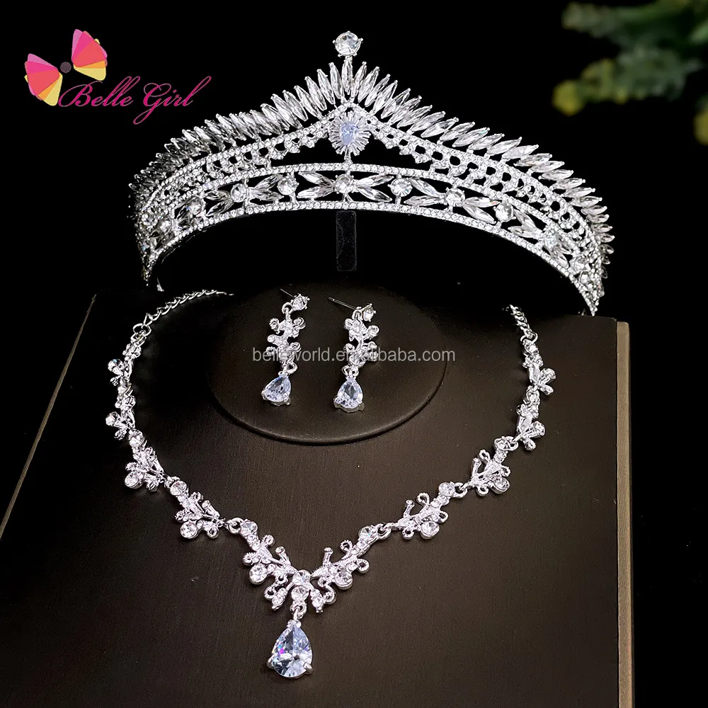 BELLEWORLD mahkota rambut Barok mutiara kristal pernikahan mahkota tiara pengantin berlapis perak set perhiasan kalung