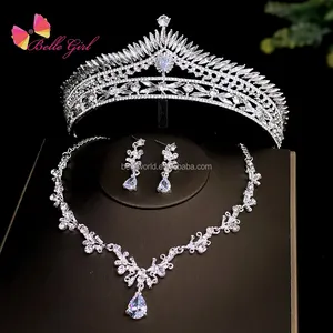 BELLEWORLD Wedding crystal pearl pageant baroque hair crown silver plated bridal tiara crown earrings and necklace jewelry set