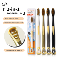 Brosse à dents 2 en 1, poils souples pour adultes, poils au charbon de bois, gratte-langue, emballage individuel, vente en gros