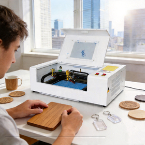 เครื่องแกะสลักและตัดด้วยเลเซอร์ CO2 ขนาดเล็ก ความแม่นยำสูง 320 440 สำหรับตัดและแกะสลักป้ายชื่ออุปกรณ์ยาง - Product Image 1