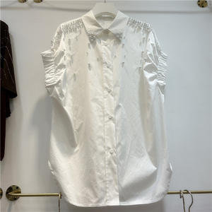 אופנה נשים חולצה מזדמנים חולצה שרוול עלים חרוזים עם כפתור קישוט בסגנון xs גודל דפוס מוצק עבור האביב/קיץ - Product Image 4