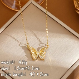 Butterfly Pendant Necklace <b>Titanium</b> Steel Zircon Hollow <b>Chain</b> O-Shaped <b>Chain</b> 41-50cm Women's Fashion Jewelry - Product Image 3