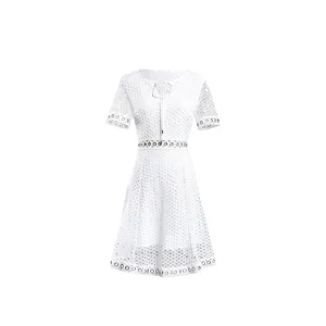 Элегантное женское модное платье белого цвета на заказ, летнее платье А-силуэта с круглым вырезом и металлическими Люверсами
