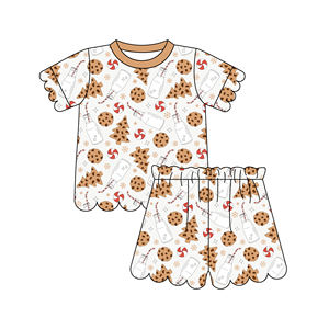 ชุดนอนเด็กผู้หญิงผ้าสแปนเด็กซ์ผสมใยไผ่แบบสั่งทำพิเศษ ชุดสองชิ้น แขนสั้น ขอบระบาย จั๊มพ์เอว กางเกงขาสั้น - Product Image 3