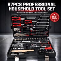 Ensemble d'outils à main professionnels 87 pièces CR-V pour réparation domestique, comprenant clé à cliquet, pinces, tournevis, et mallette rigide