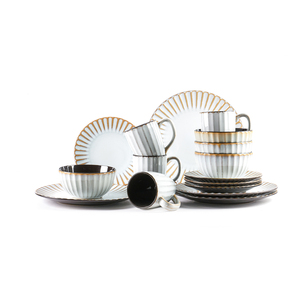 Set di 16 Pezzi in Gres Rustico Bianco con Sfumature Verticali e Smalto Reattivo, Piatti, Ciotole e Tazze con Interno Nero, Adatti al <span class=keywords><strong>Forno</strong></span> - Product Image 2