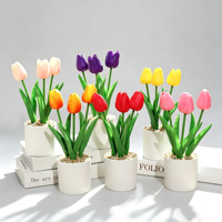 Mini-bonsaï de tulipes artificielles en PU à 3 têtes pour décoration intérieure de bureau, personnalisable avec étiquette privée