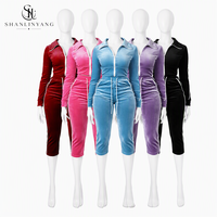 Ensemble deux pièces en velours pour femme : veste zippée à manches longues et pantalon capri, survêtement en velours pour la détente
