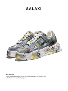 Sneakers Chunky da Uomo Designer Graffiti Traspiranti in Denim e Pelle con Ammortizzazione, Scarpe da Skateboard Comode e alla Moda Streetwear - Product Image 3