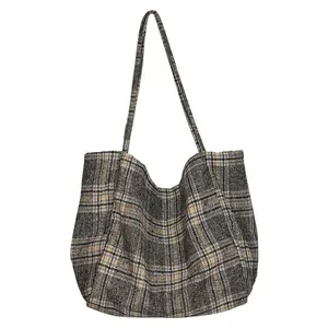 RU Black Plaid Women Simple Shoulder Bag Soft Cloth Fabric Large Capacity Tote Canvas Bags For Pretty Young Girls
