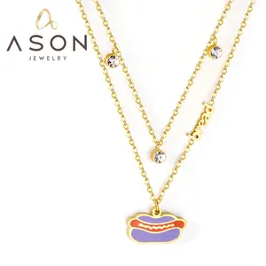 Ason Food Naam Brood Woord Helder Emaille Cartoon Hotdog Ketting Roestvrij Staal Gelaagde Tri Stone Charm Dubbele Ketting