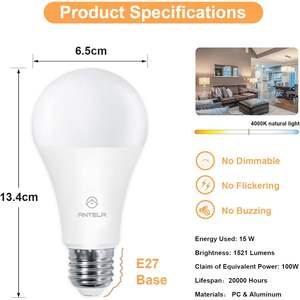 Lampadina LED Antela E27 15W 1521Lm Bianco Neutro 4000K Corpo in Plastica Alta Efficienza Durata 25000 Ore - Product Image 6