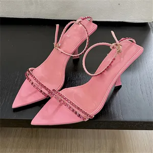 Aneikeh Solid Sewing Pointed Open Toe High Heels Party Buckle Strap Sandals High-heeled Crystal Bling T-Tied Women Shoes 2024