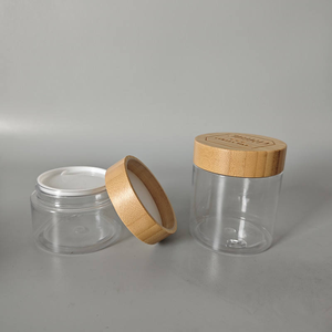 Tarro de plástico PET transparente/ámbar esmerilado con tapa de bambú para crema o exfoliante corporal, con logotipo personalizado, 50g, 150g, 250g, 500g, venta al por mayor, grabado. - Product Image 1