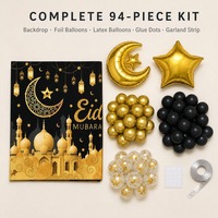 Kit d'arche de ballons Eid Mubarak en feuille chromée noir et or, 94 pièces, avec confettis, étoiles et croissants, et toile de fond – Vente en gros