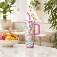 Expédition immédiate : Gobelet isotherme floral Wander 40oz avec poignée et paille, en acier inoxydable, isolation sous vide, maintien thermique 12-24 heures, design minimaliste