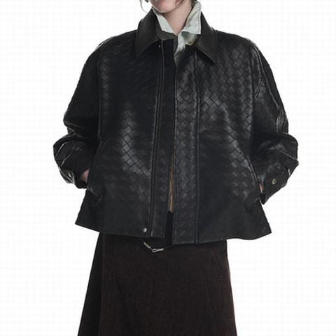 HN000006 Women's Lapel Sheepskin Jacket Black Solid Loose Woven Spliced Zip up Minimalist Leather Coat