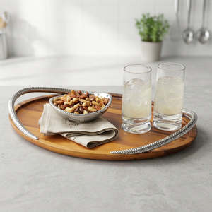 Elegant Wooden Serving Tray with Stainless Steel Handles for Drinks and Snacks Perfect for Home Entertaining - Product Image 1