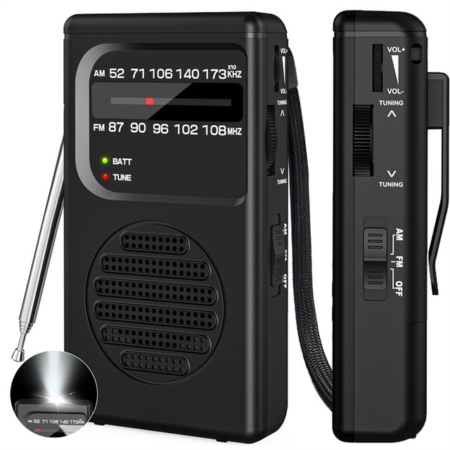 MEDING Factory Direct Sales Mini AM/FM Pocket Radios with 180 Rotating Antenna Flashlight Plastic Material