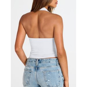 Double Lined Halter <b>Top</b> For Women Deep V Neck Crop <b>Top</b> <b>Backless</b> Bodycon Jersey Summer Teen Party Clubbing - Product Image 5