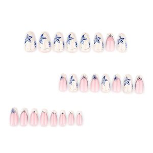 <span class=keywords><strong>Uñas</strong></span> Acrílicas Francesas <span class=keywords><strong>Cortas</strong></span>, Diseño de Pétalos Florales Azules, Punta Almendrada, <span class=keywords><strong>Color</strong></span> <span class=keywords><strong>Beige</strong></span> Nude, Acabado Brillante, Reutilizables, Adhesivas, para Mujer, 24 Unidades - Product Image 2