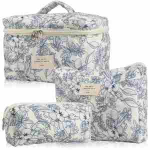 High Quality 3 Pieces Set Quilted Makeup Organizer Bag Floral Cosmetic Storage Bag for Women - Product Image 2