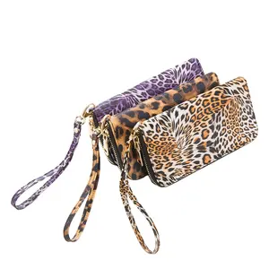 Vrouwen lange leopard leather Print portemonnee dames clutch purse bag met handvat