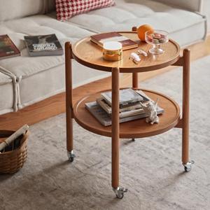 Nordic Solid Wood Coffee <b>Table</b> Cherry Wood <b>Round</b> Double Layer Movable Wheeled <b>Side</b> <b>Table</b> For Living Room - Product Image 1