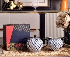 Russian Royal Style Minimalist Eco-Friendly Blue Grid Bee Pattern Bone China <b>Tea</b> <b>Set</b> - Product Image 5