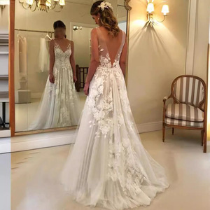 Wedding Dress A-Line Deep V-neck Embroidered Lace Ivory White Floral Print Train Dress - Product Image 4