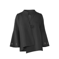 Jaket Wanita Hitam Model Crop Lengan Lonceng Aksen Grommet Kerah Tegak Kancing Asimetris Bahan Campuran Wol OEM ODM
