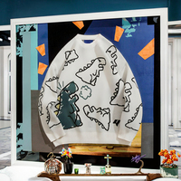 Pull-over unisexe personnalisé surdimensionné à motif dinosaure de dessin animé, tricoté à manches longues, design graphique décontracté sur le devant pour l'automne