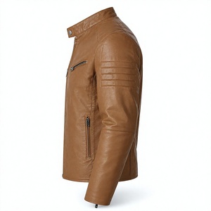 Unisex Tan PU Leather Moto <b>Jacket</b> with Stand Collar Dual Zip Pockets <b>Quilted</b> Shoulder Detail Quick Dry & Breathable - Product Image 2