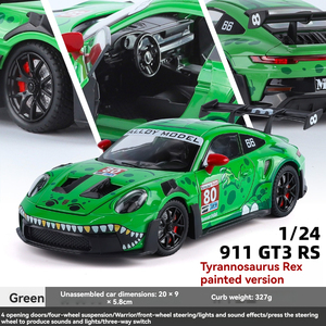 Coche de juguete de metal fundido a presión Porsche 911 GT3 Tiranosaurio 1:24 con sonido y luz, puertas que se abren, modelo de aleación coleccionable decorativo - Product Image 4