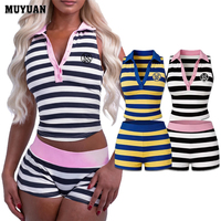 Ensemble 2 pièces polo rayé sans manches et short de détente pour femme – Tenue décontractée et confortable en maille pour l'été – Vêtements de sport et de boutique