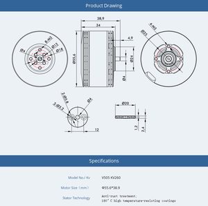 Motore Brushless Impermeabile IP55 V505 260kv 12S 2500W ad Alta Potenza ed Economico per Droni Agricoli - Product Image 4