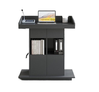 Podium d'école moderne en bois avec compartiment de rangement intégré et placement de dispositifs pour les conférences et les présentations en classe