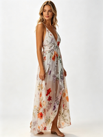 Robe longue fendue en mousseline à imprimé floral numérique, col en V profond, bretelles spaghetti, décontractée, pour l'été, la plage et les vacances, pour femme