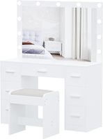 Table de maquillage moderne en bois blanc pour chambre et salle de bain avec miroir réglable, lumières LED, 7 tiroirs et tabouret pour femmes