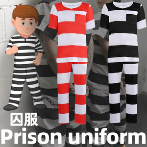 Ensemble de costume d'uniforme de prisonnier rayé pour jeux de rôle et cosplay, rayures rouges et noires, taille adulte, avec étiquette, source transfrontalière - Product Image 2