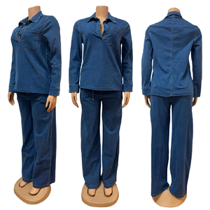 Abito <span class=keywords><strong>in</strong></span> <span class=keywords><strong>Denim</strong></span> Y6561 da donna con risvolto a manica lunga + Set di Jeans dritti con lacci per donna Set <span class=keywords><strong>Denim</strong></span> da donna - Product Image 6