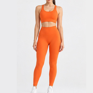 Conjunto de yoga y gimnasio de 2 piezas, 100% poliéster/algodón transpirable, cintura alta, control de abdomen, cintura elástica, hecho a medida, de alta calidad, para mujer. - Product Image 1
