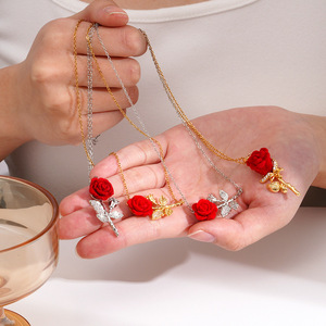 สร้อยคอจี้กุหลาบกำมะหยี่ชุบทอง18K พร้อมผ้านิรันดร์กุหลาบและผีเสื้อคริสตัลสำหรับเครื่องประดับแฟชั่นโรแมนติกสำหรับผู้หญิง - Product Image 4