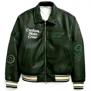جاكيت جلد رجالي مخصص بتصميم عتيق للملابس الرياضية الشارعية، جاكيت بومبر من جلد البقر قابل للتنفس ومقاوم للرياح مع تطريز بسيط - Product Image 1
